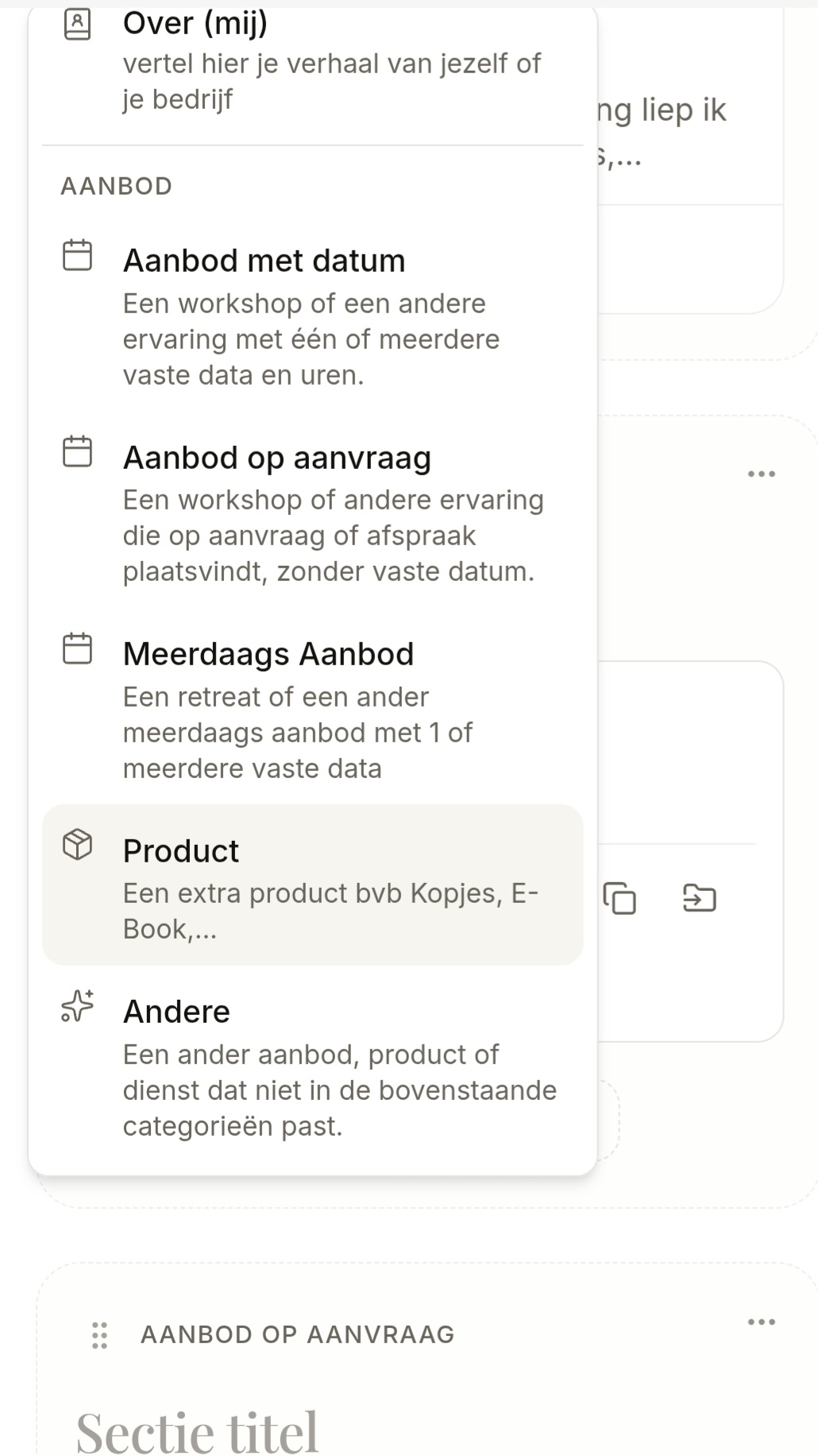 Welco aanbod-picker met de opties Aanbod met datum, Aanbod op aanvraag, Meerdaags Aanbod, Product en Andere.