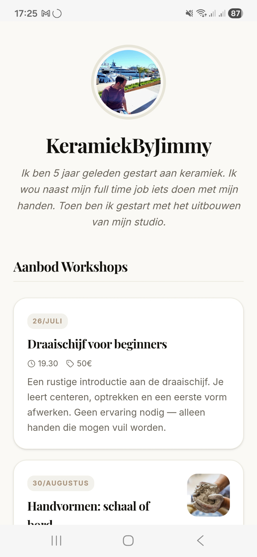 Voorbeeld van een Welco mini-site: KeramiekByJimmy met workshops