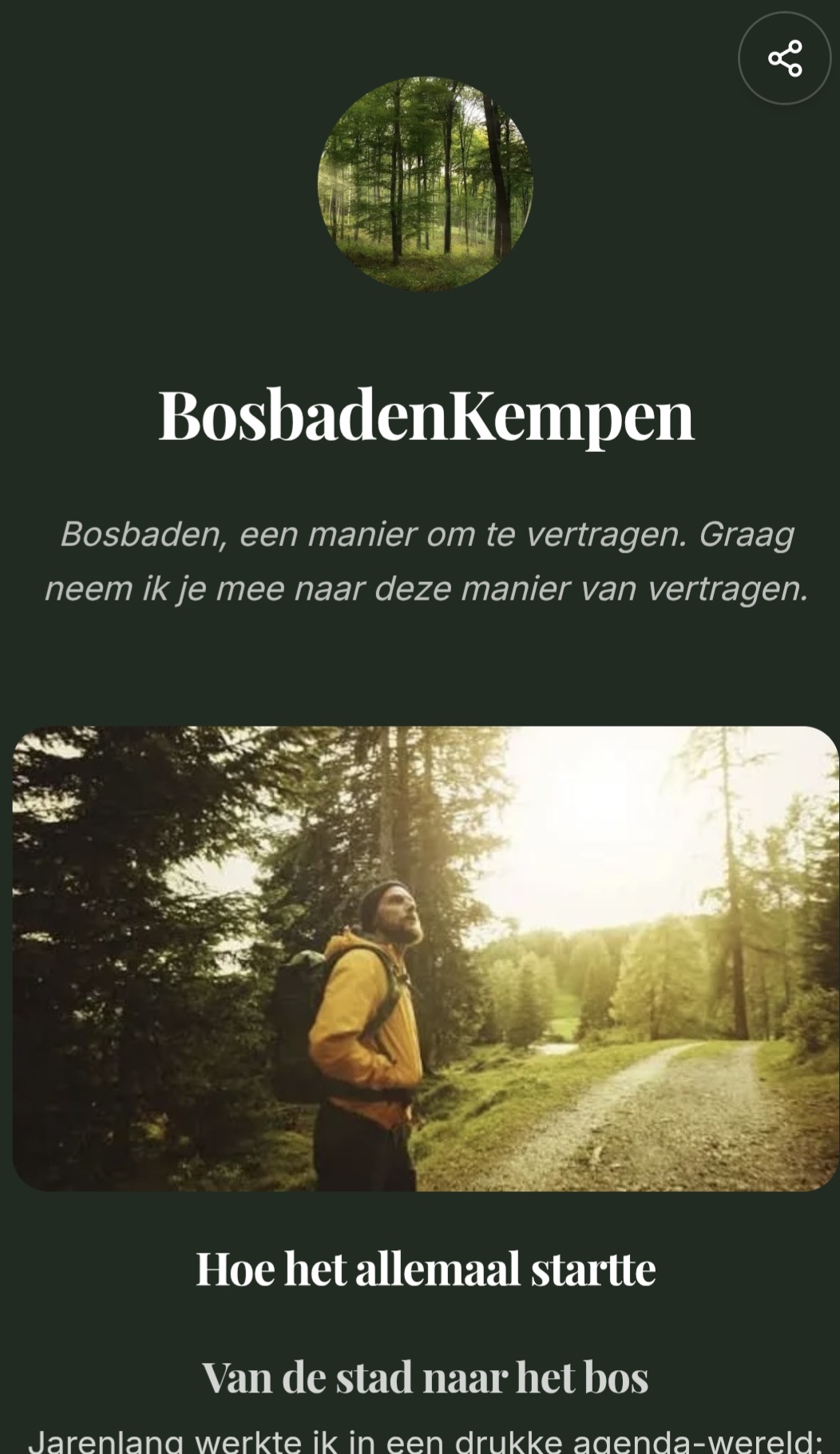 Welco mini-site voorbeeld van BosbadenKempen met donkergroene achtergrond